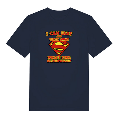 navy funny dad t-shirt with a superman logo and the slogan 'i can fart and walk away what's your superpower?'