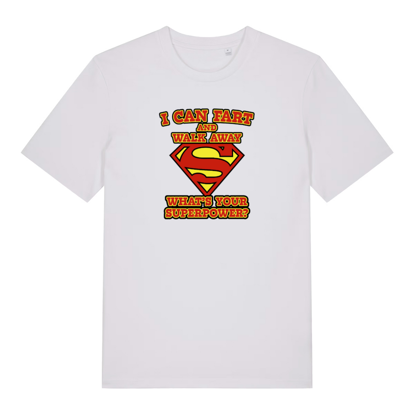 white funny dad t-shirt with a superman logo and the slogan 'i can fart and walk away what's your superpower?'