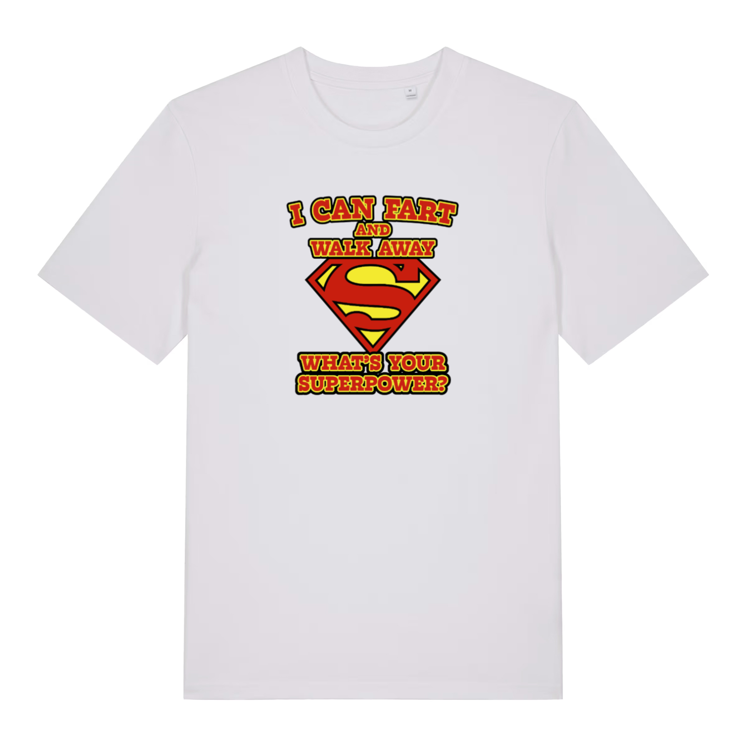 white funny dad t-shirt with a superman logo and the slogan 'i can fart and walk away what's your superpower?'