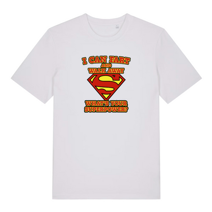 white funny dad t-shirt with a superman logo and the slogan 'i can fart and walk away what's your superpower?'