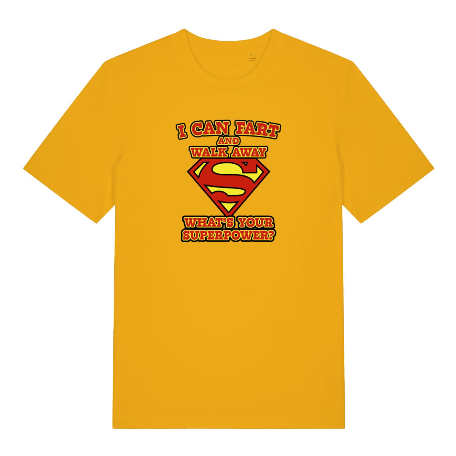 yellow funny dad t-shirt with a superman logo and the slogan 'i can fart and walk away what's your superpower?'