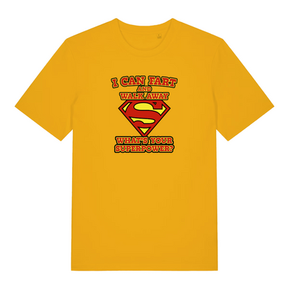 yellow funny dad t-shirt with a superman logo and the slogan 'i can fart and walk away what's your superpower?'