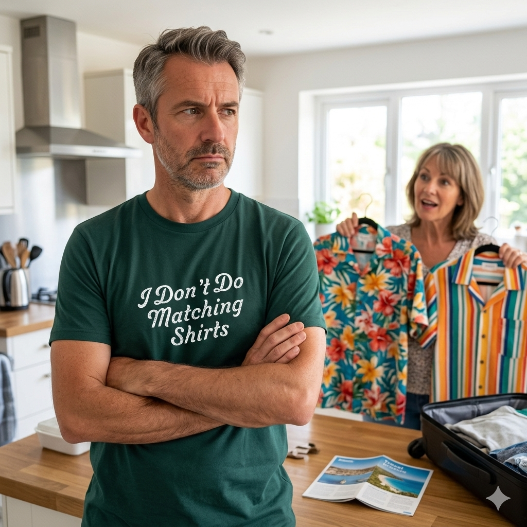 Man wearing a green t-shirt with text standing in a kitchen with a woman and colorful shirts.