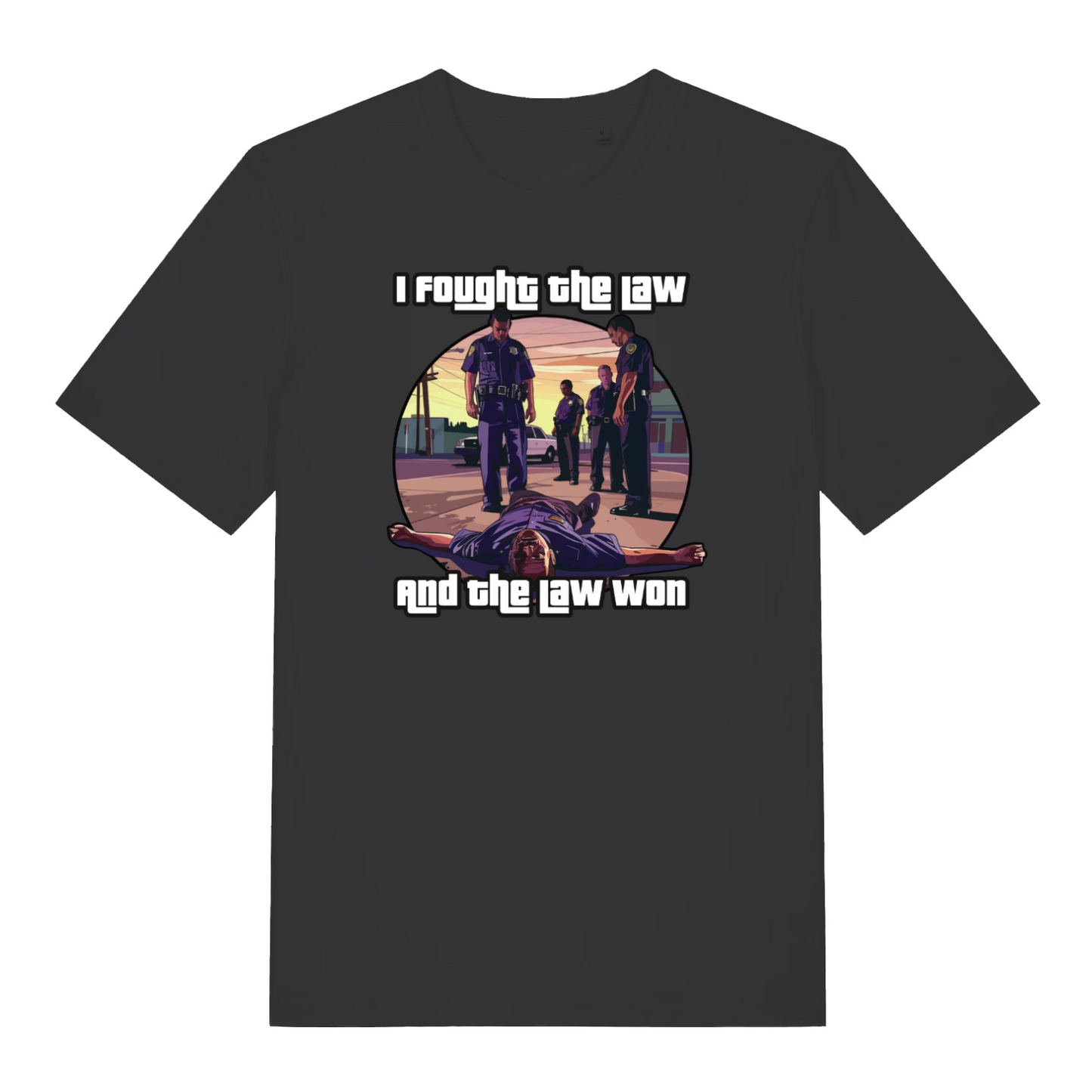 black gaming t-shirt with a gta style graphic and the slogan 'i fought the law and the law won'