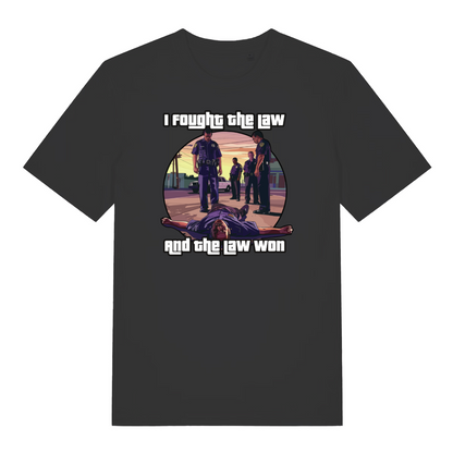 black gaming t-shirt with a gta style graphic and the slogan 'i fought the law and the law won'
