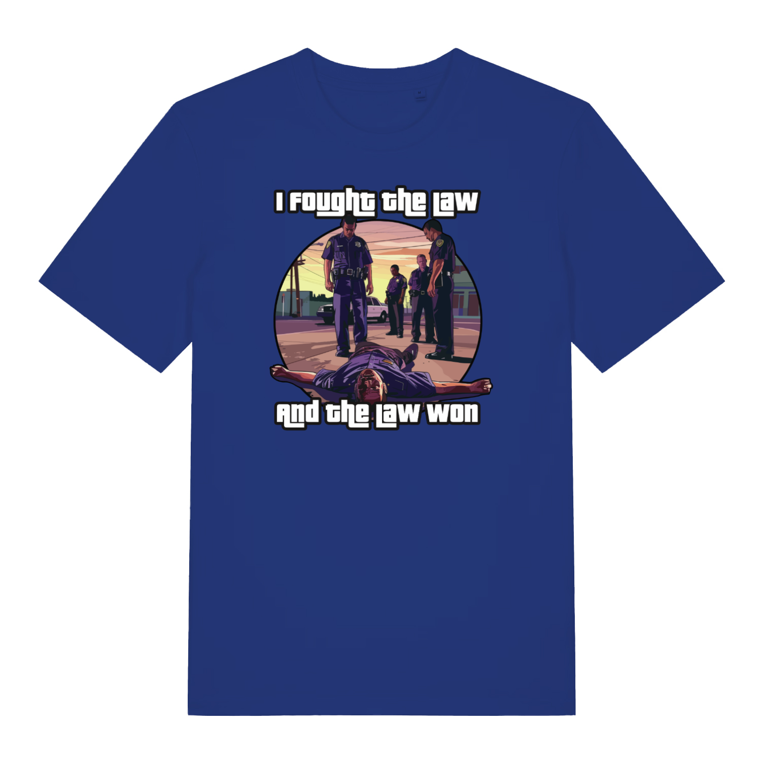 blue gaming t-shirt with a gta style graphic and the slogan 'i fought the law and the law won'