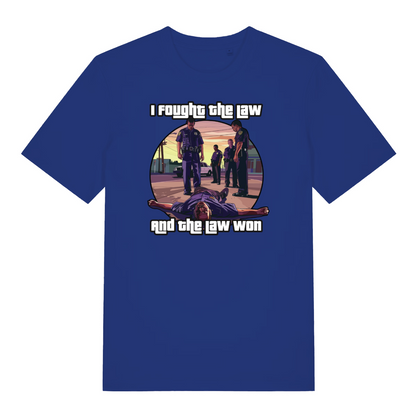 blue gaming t-shirt with a gta style graphic and the slogan 'i fought the law and the law won'