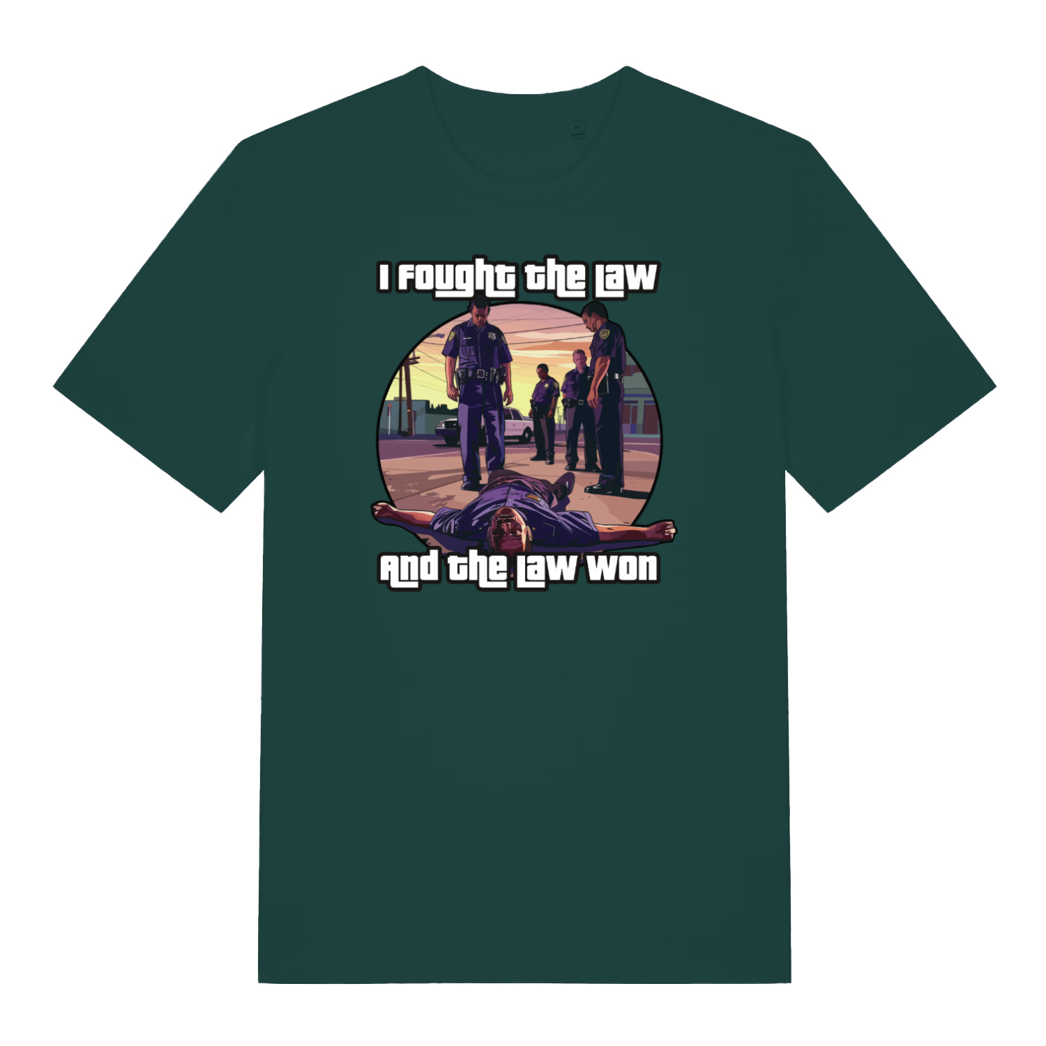 green gaming t-shirt with a gta style graphic and the slogan 'i fought the law and the law won'