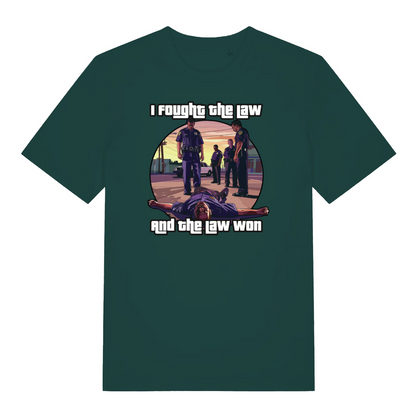 green gaming t-shirt with a gta style graphic and the slogan 'i fought the law and the law won'