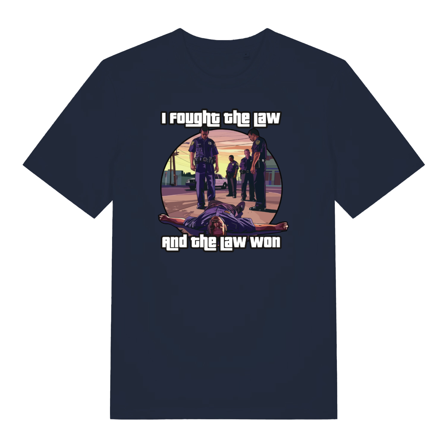 navy gaming t-shirt with a gta style graphic and the slogan 'i fought the law and the law won'