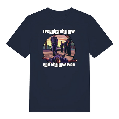 navy gaming t-shirt with a gta style graphic and the slogan 'i fought the law and the law won'