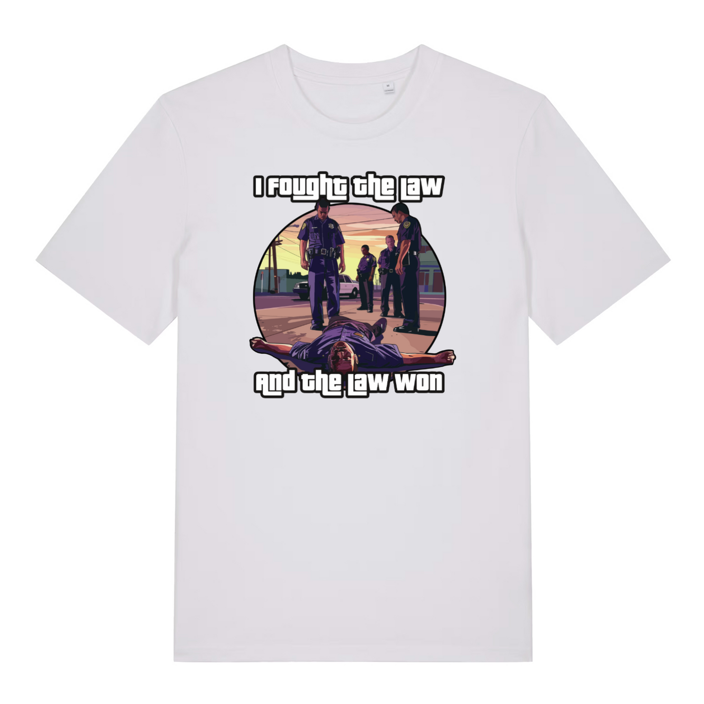 white gaming t-shirt with a gta style graphic and the slogan 'i fought the law and the law won'