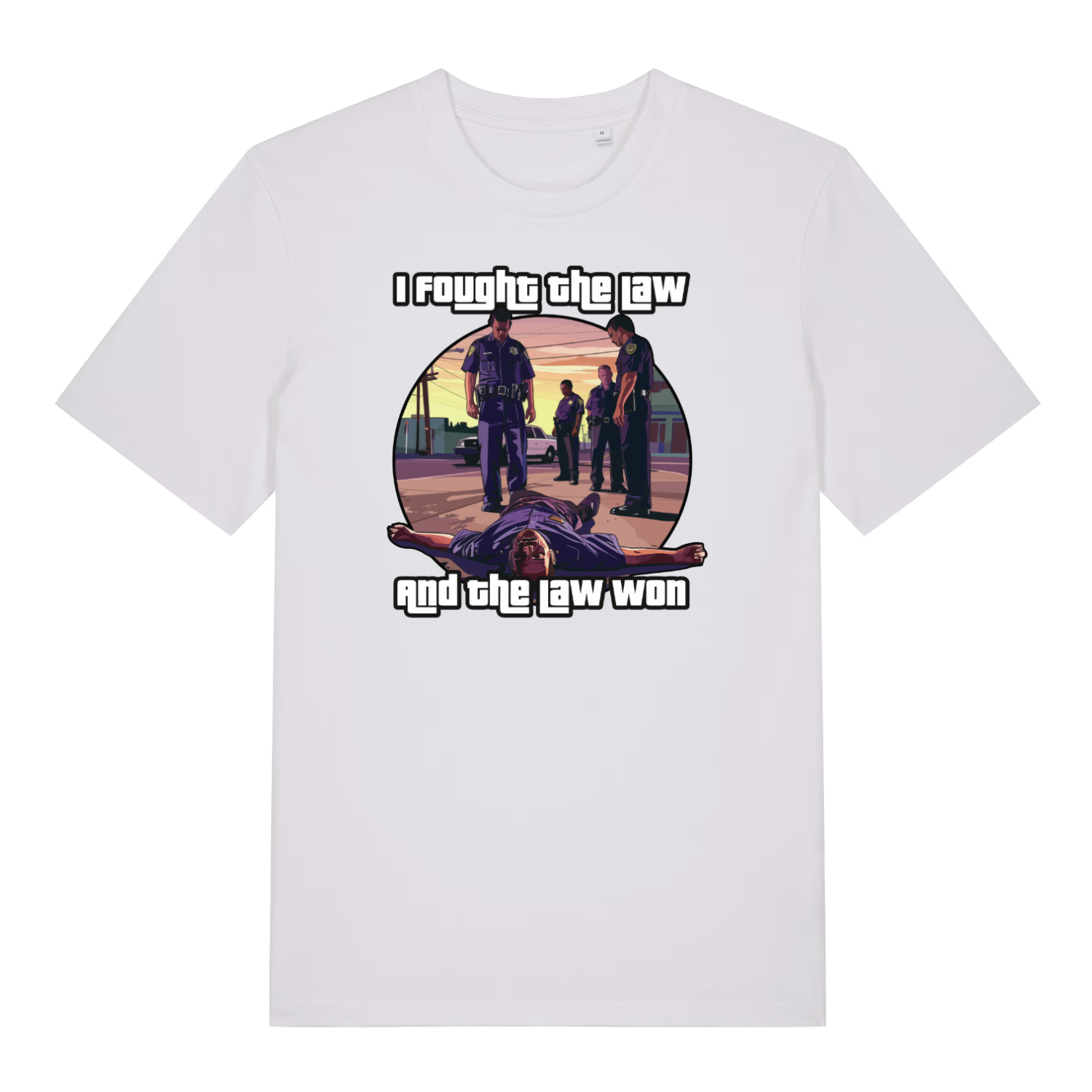 white gaming t-shirt with a gta style graphic and the slogan 'i fought the law and the law won'