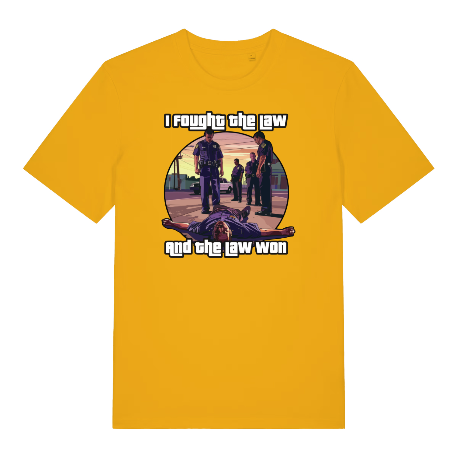 yellow gaming t-shirt with a gta style graphic and the slogan 'i fought the law and the law won'