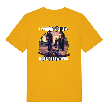 yellow gaming t-shirt with a gta style graphic and the slogan 'i fought the law and the law won'