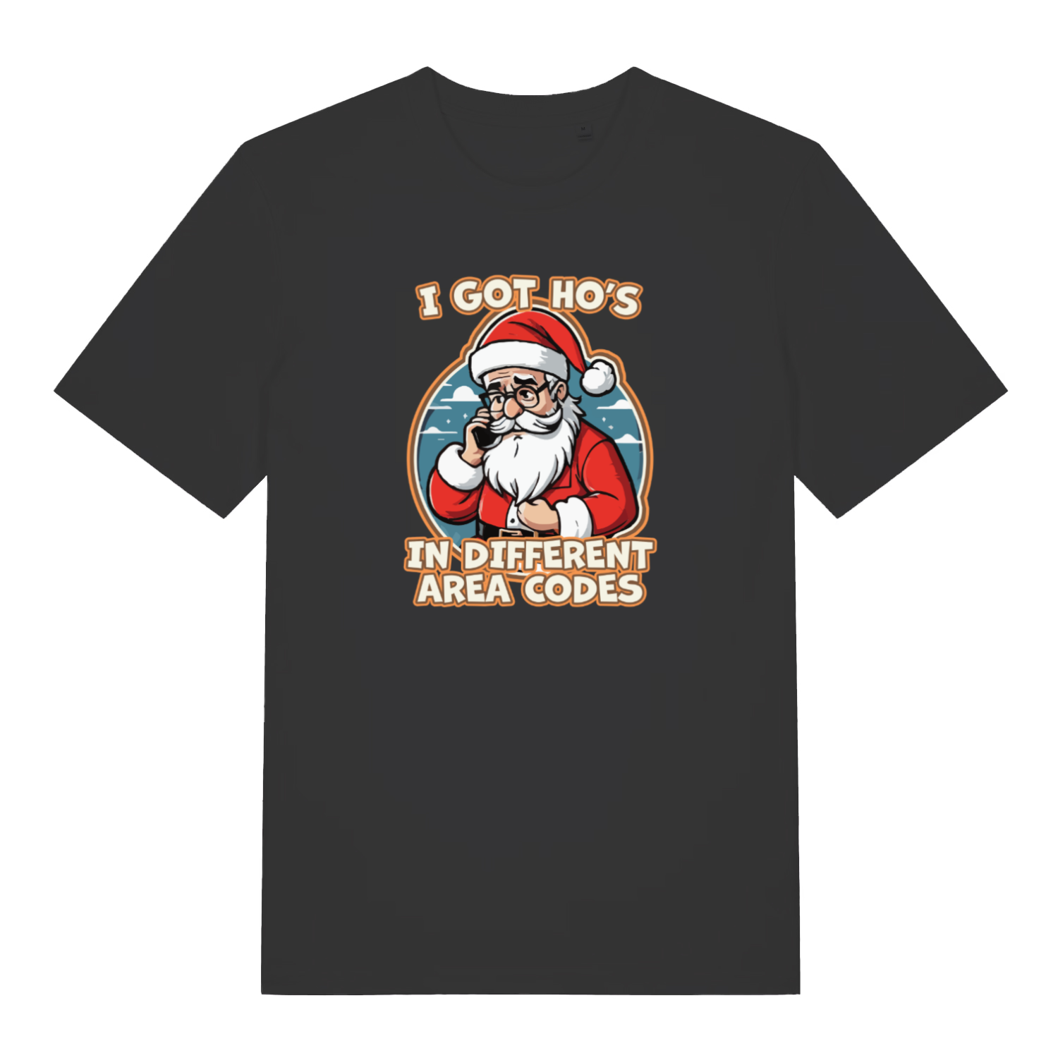 black xmas tee with the graphic of santa on the phone and the slogan 'i got ho's in different area codes'