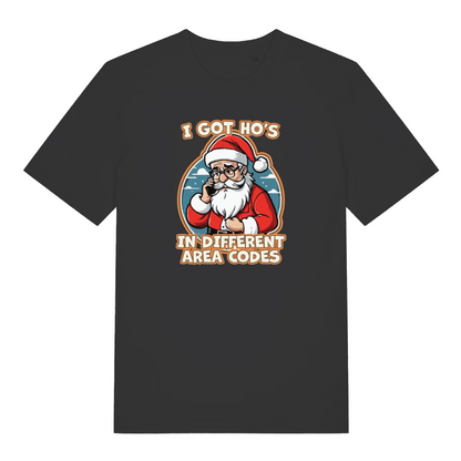 black xmas tee with the graphic of santa on the phone and the slogan 'i got ho's in different area codes'
