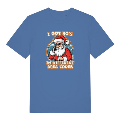 blue xmas tee with the graphic of santa on the phone and the slogan 'i got ho's in different area codes'