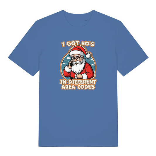 blue xmas tee with the graphic of santa on the phone and the slogan 'i got ho's in different area codes'