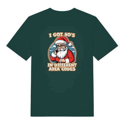 green xmas tee with the graphic of santa on the phone and the slogan 'i got ho's in different area codes'