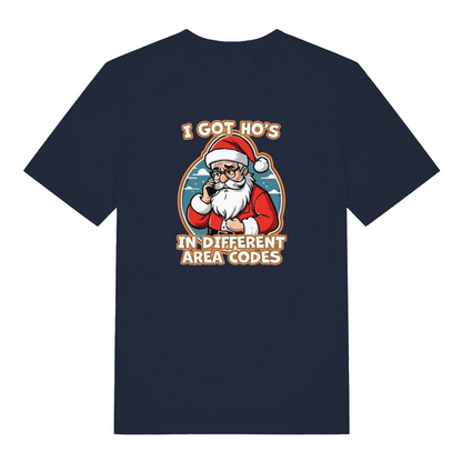 navy xmas tee with the graphic of santa on the phone and the slogan 'i got ho's in different area codes'