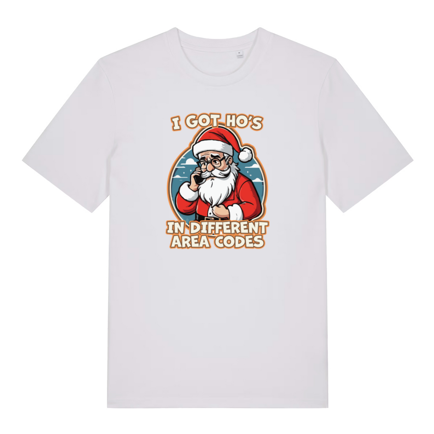 white xmas tee with the graphic of santa on the phone and the slogan 'i got ho's in different area codes'