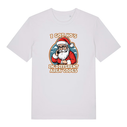 white xmas tee with the graphic of santa on the phone and the slogan 'i got ho's in different area codes'
