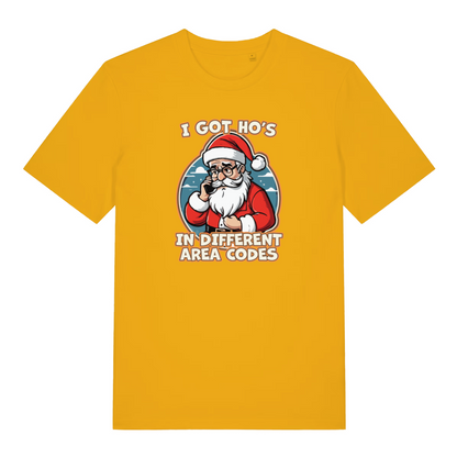yellow xmas tee with the graphic of santa on the phone and the slogan 'i got ho's in different area codes'