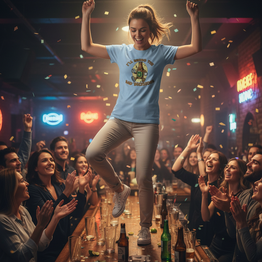 Person in a blue t-shirt celebrating in a lively bar with confetti and neon lights.
