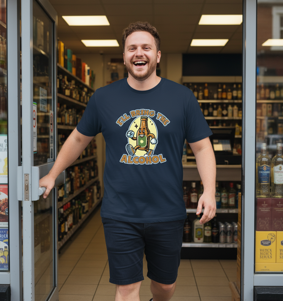 Man wearing a navy blue t-shirt with a graphic design in a convenience store.