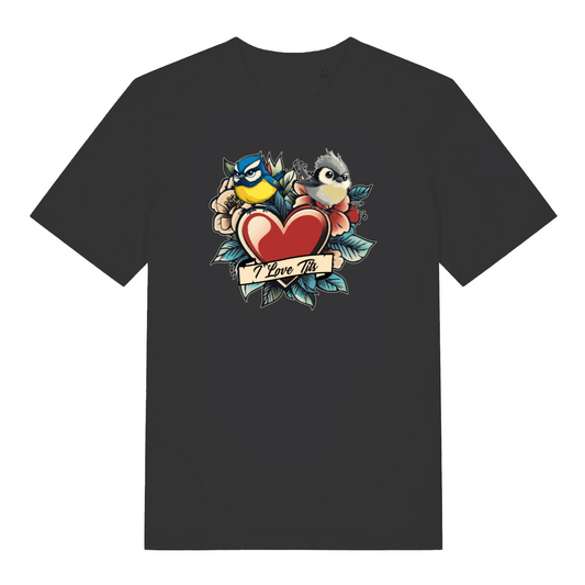 black funny offensive t-shirt with the graphic of two birds sat on top of a love heart and the slogan 'i love tits'