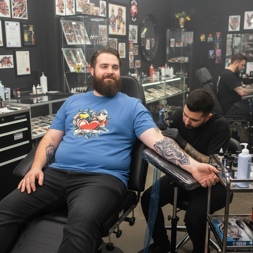 Man with tattoos sitting in a tattoo parlor receiving a tattoo.