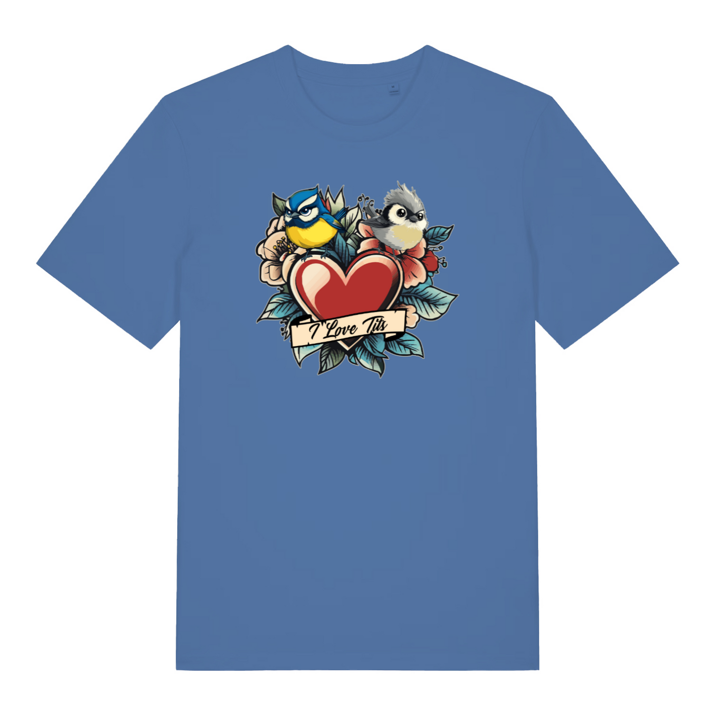 blue funny offensive t-shirt with the graphic of two birds sat on top of a love heart and the slogan 'i love tits'