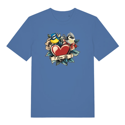 blue funny offensive t-shirt with the graphic of two birds sat on top of a love heart and the slogan 'i love tits'
