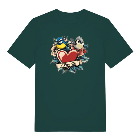 green funny offensive t-shirt with the graphic of two birds sat on top of a love heart and the slogan 'i love tits'