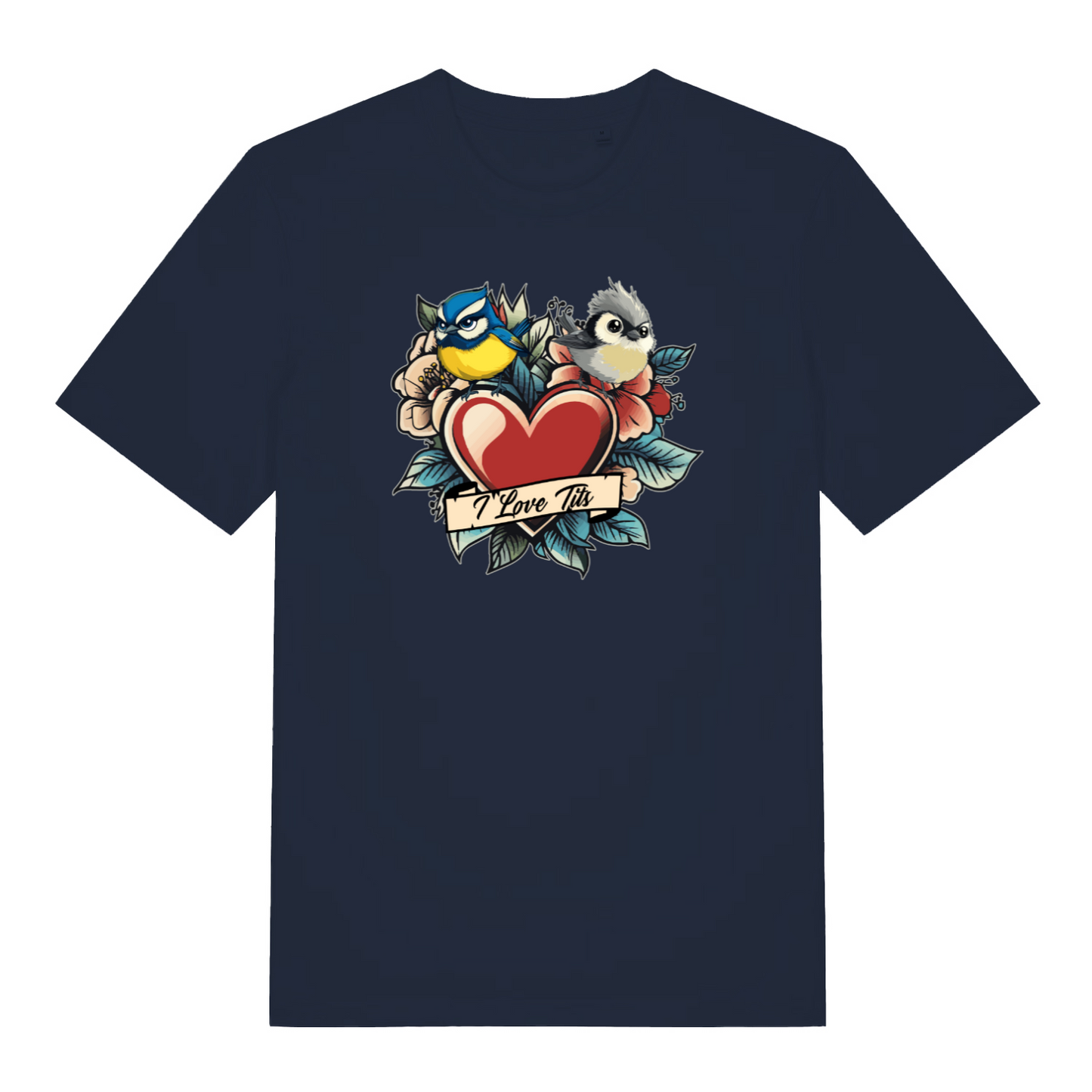 navy funny offensive t-shirt with the graphic of two birds sat on top of a love heart and the slogan 'i love tits'
