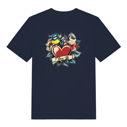 navy funny offensive t-shirt with the graphic of two birds sat on top of a love heart and the slogan 'i love tits'