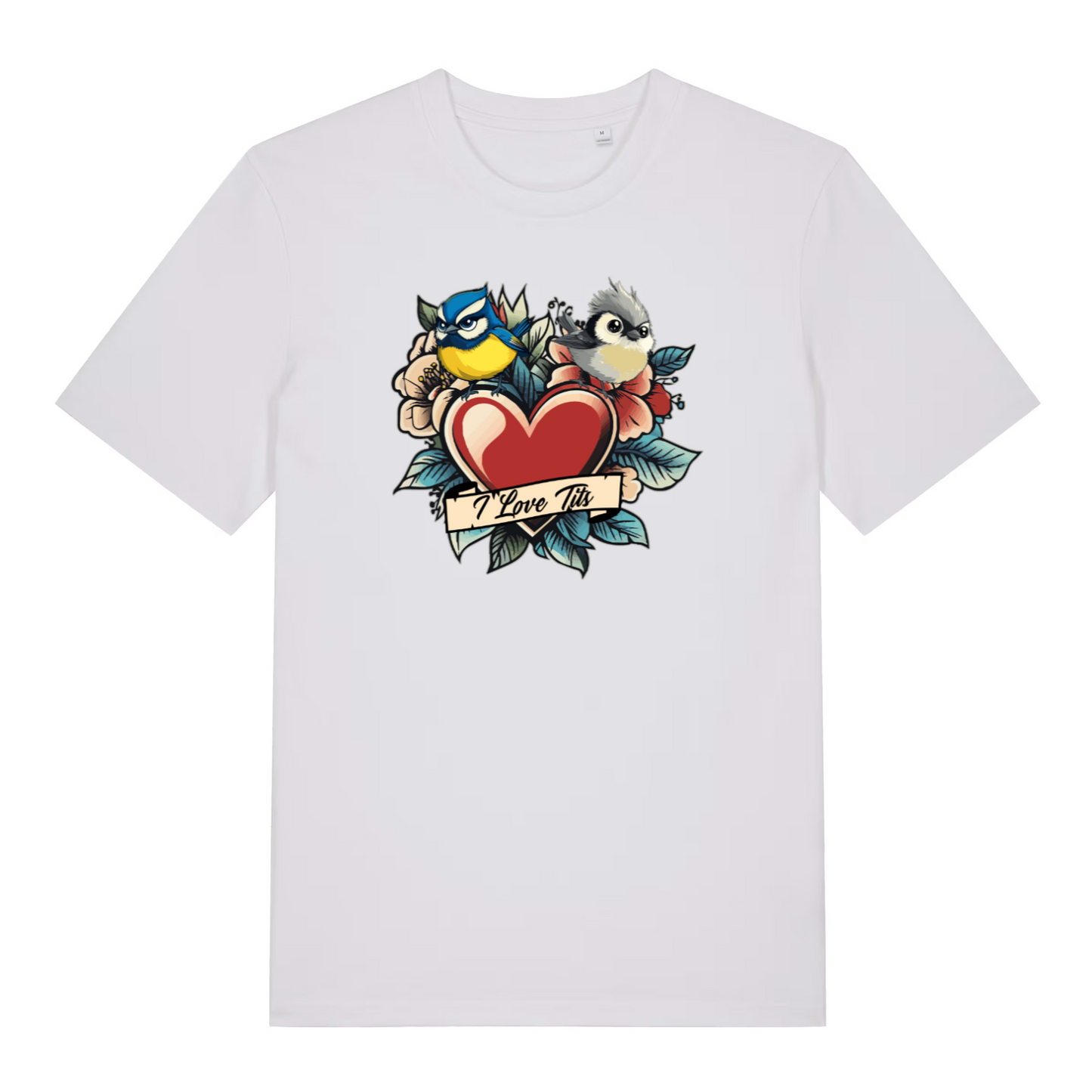 white funny offensive t-shirt with the graphic of two birds sat on top of a love heart and the slogan 'i love tits'