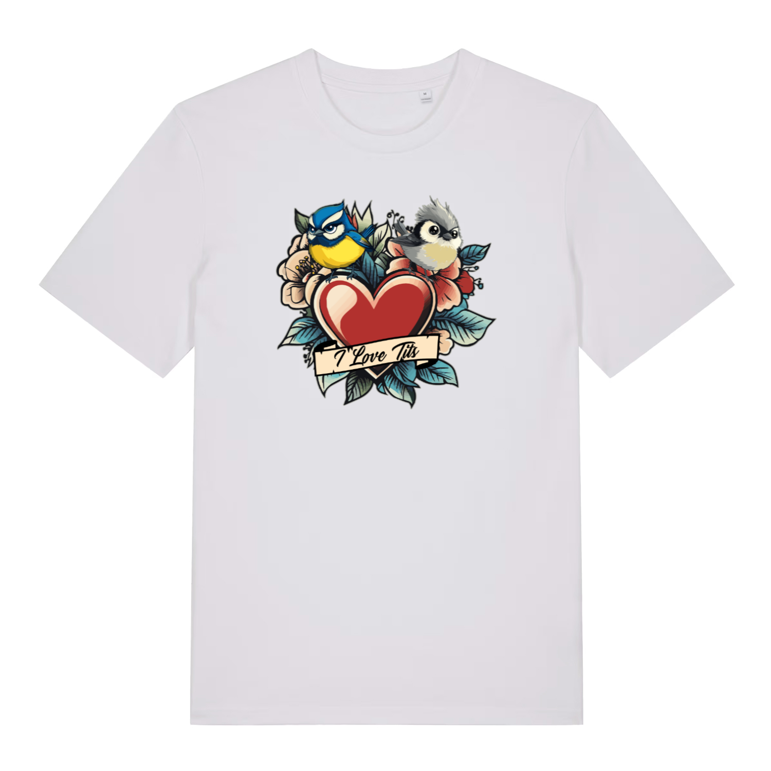 white funny offensive t-shirt with the graphic of two birds sat on top of a love heart and the slogan 'i love tits'
