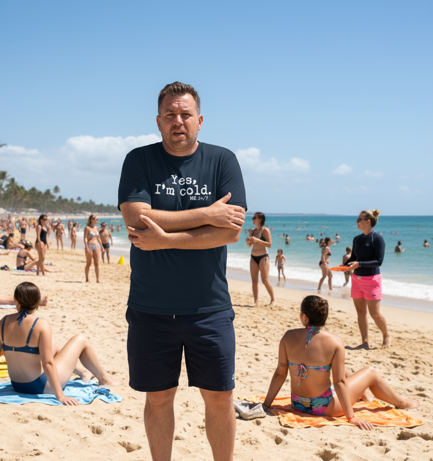 Man standing on a beach with people in swimsuits in the background