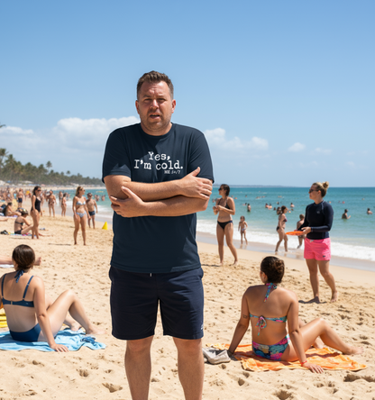 Man standing on a beach with people in swimsuits in the background