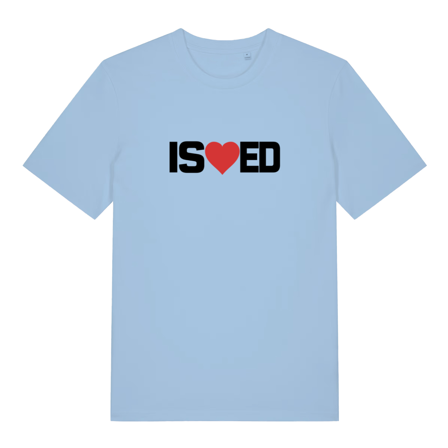 light blue funny slogan t-shirt with the slogan 'i sharted' but with a heart in the middle of the s and e
