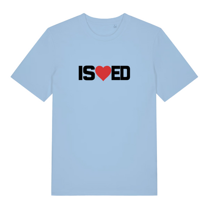 light blue funny slogan t-shirt with the slogan 'i sharted' but with a heart in the middle of the s and e
