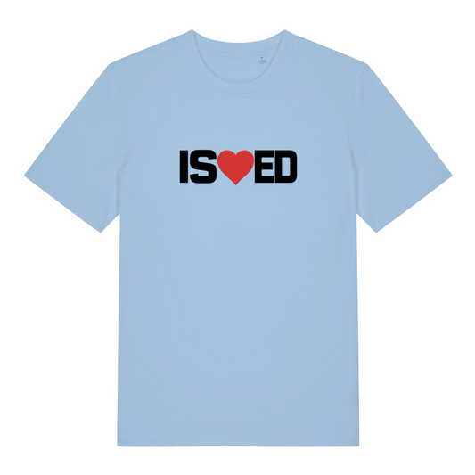 light blue funny slogan t-shirt with the slogan 'i sharted' but with a heart in the middle of the s and e