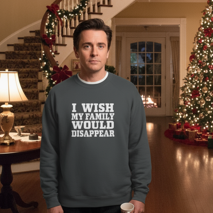 Man wearing a sweatshirt with 'I Wish My Family Would Disappear' text in a decorated living room.
