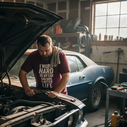 Man working on a car in a garage with tools and equipment around.