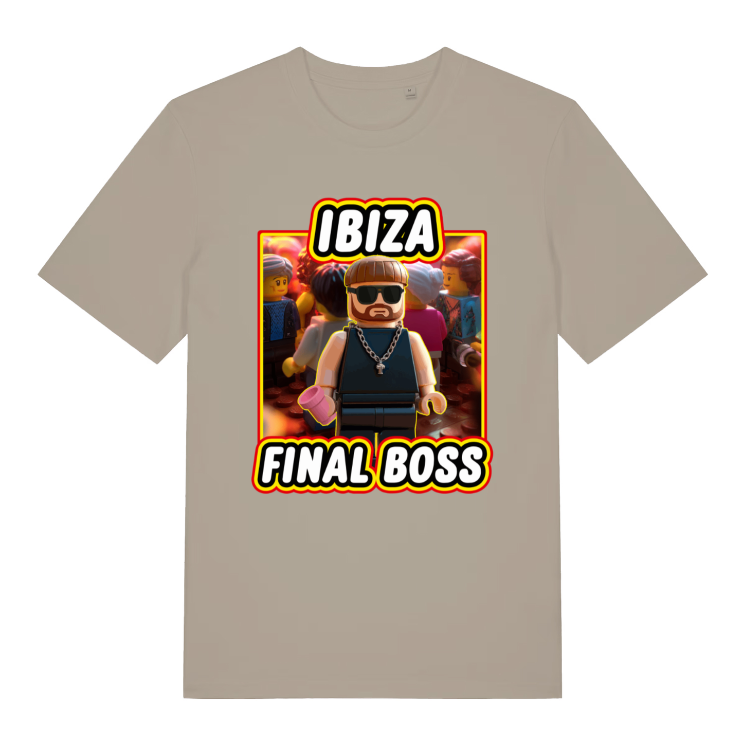Beige Ibiza Final Boss funny graphic t-shirt with Lego-style bearded party figure and bold “IBIZA FINAL BOSS” text  
