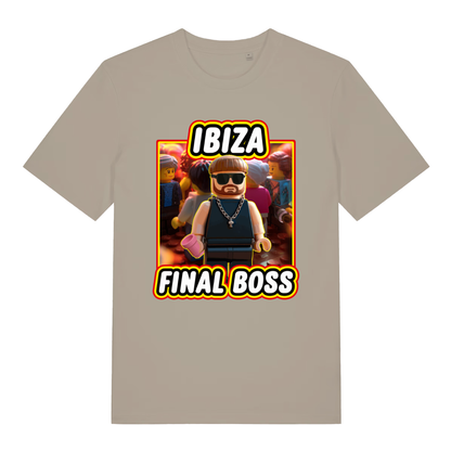 Beige Ibiza Final Boss funny graphic t-shirt with Lego-style bearded party figure and bold “IBIZA FINAL BOSS” text  