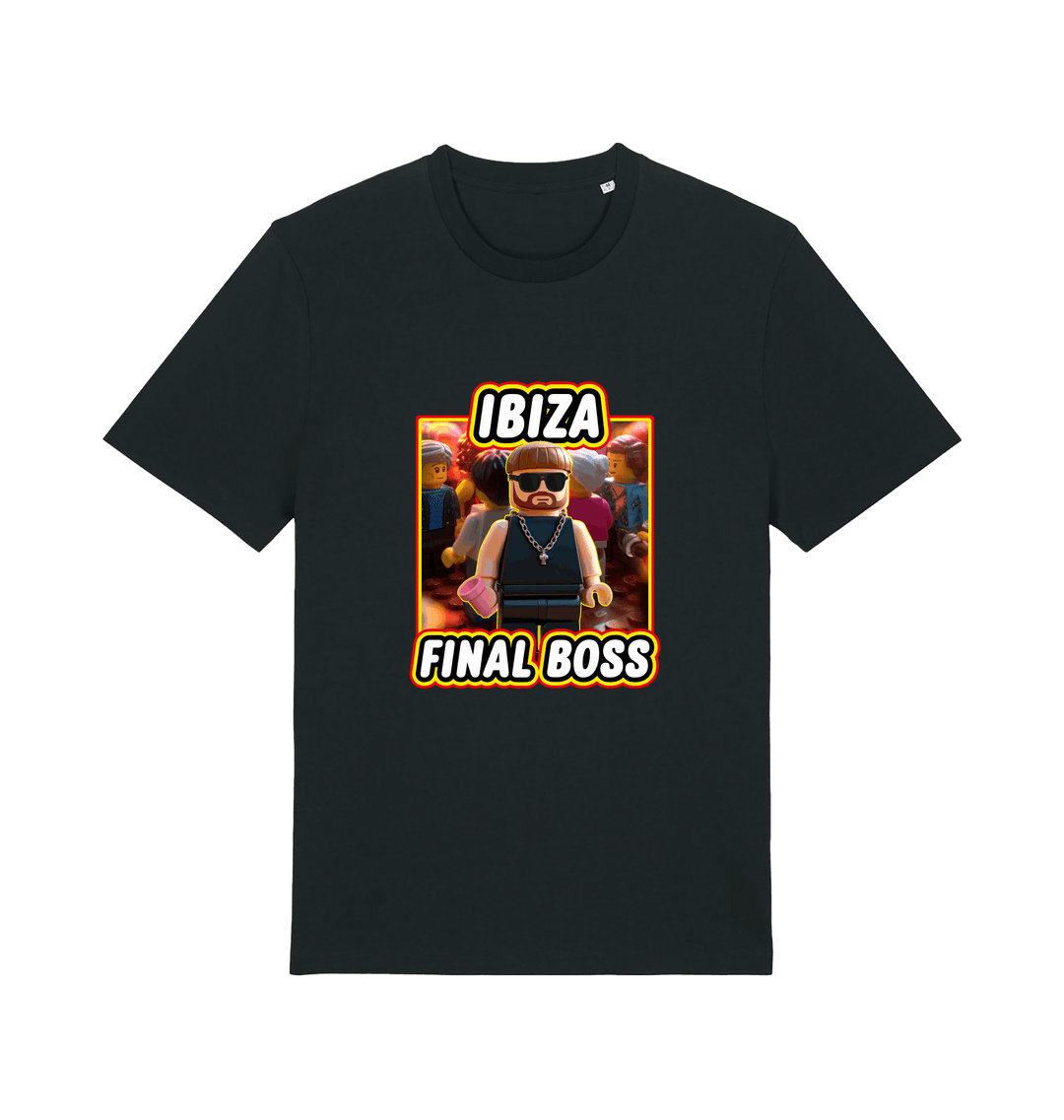 black funny graphic t-shirt with the graphic of the viral meme ibiza final boss