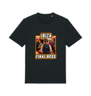 black funny graphic t-shirt with the graphic of the viral meme ibiza final boss